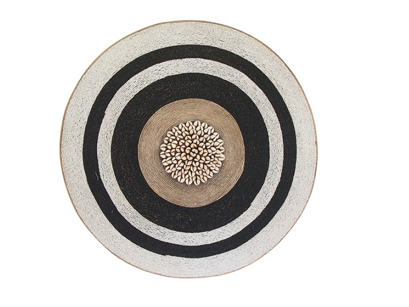 Beaded Shield - White With Black Rings, Manilla and Cowrie Center Beaded Shield - White With Black Rings, Manilla and Cowrie Center